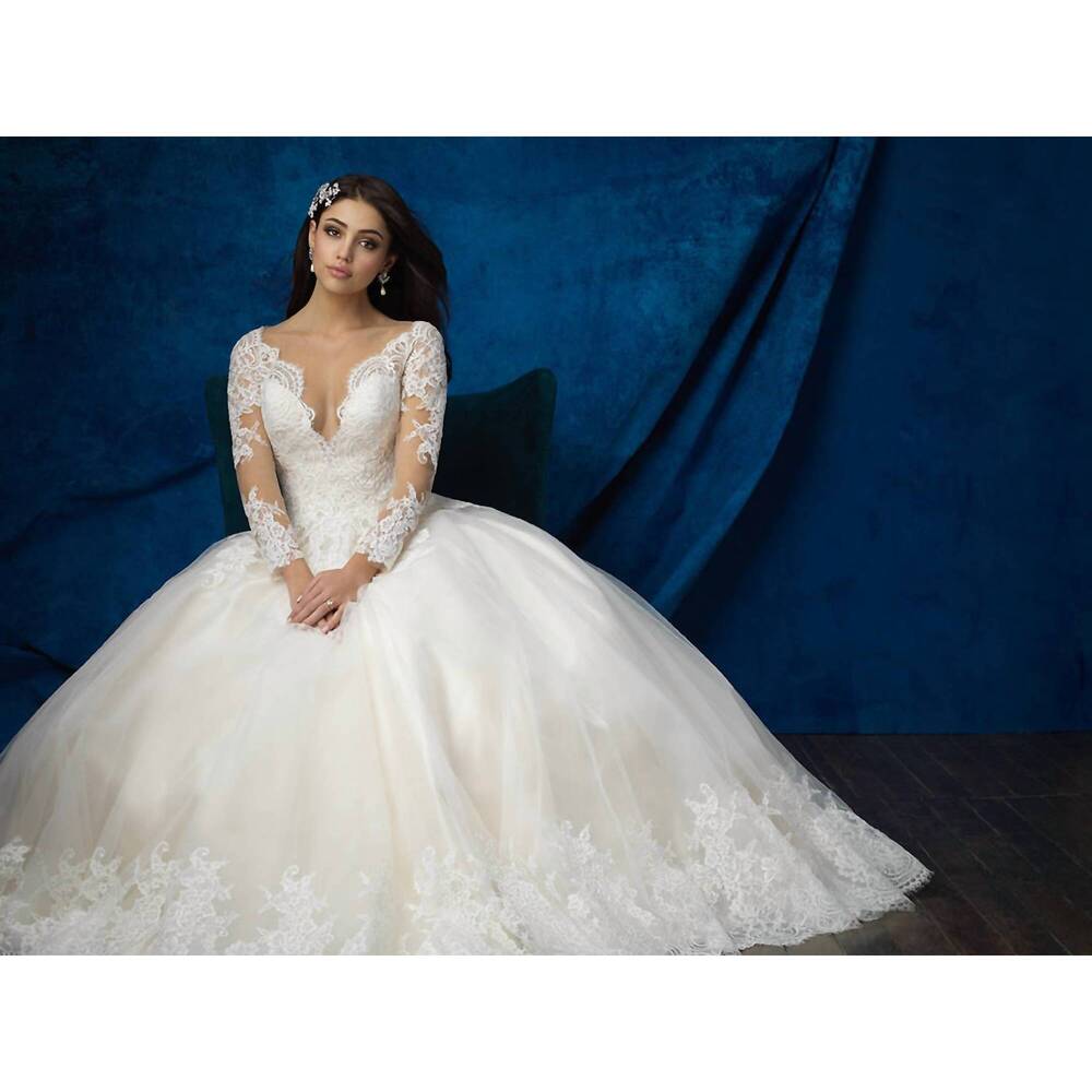 NEW ALLURE BRIDALS long sleeved ballgown in champagne/ivory